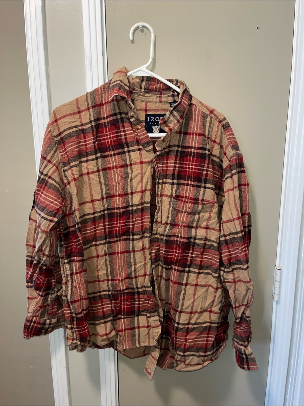 Izod Red and Tan Plaid Button-Down Flannel Shirt